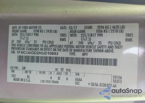 2017 Ford Escape Se из США, поврежденный, VIN 1FMCU0GD2HUD10693